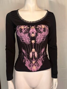 Blumarine Black Long-Sleeve Top with Pink Floral Corset Print